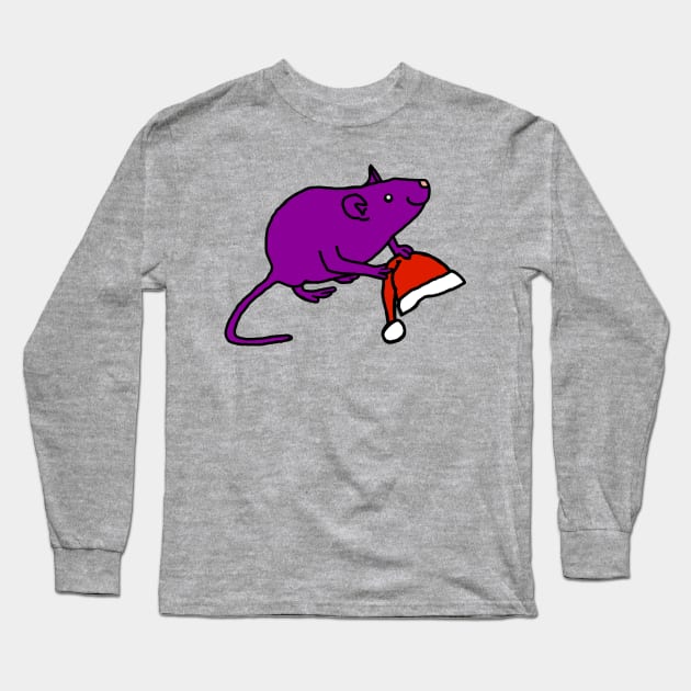 Purple Rat holding Christmas Santa Hat Long Sleeve T-Shirt by ellenhenryart